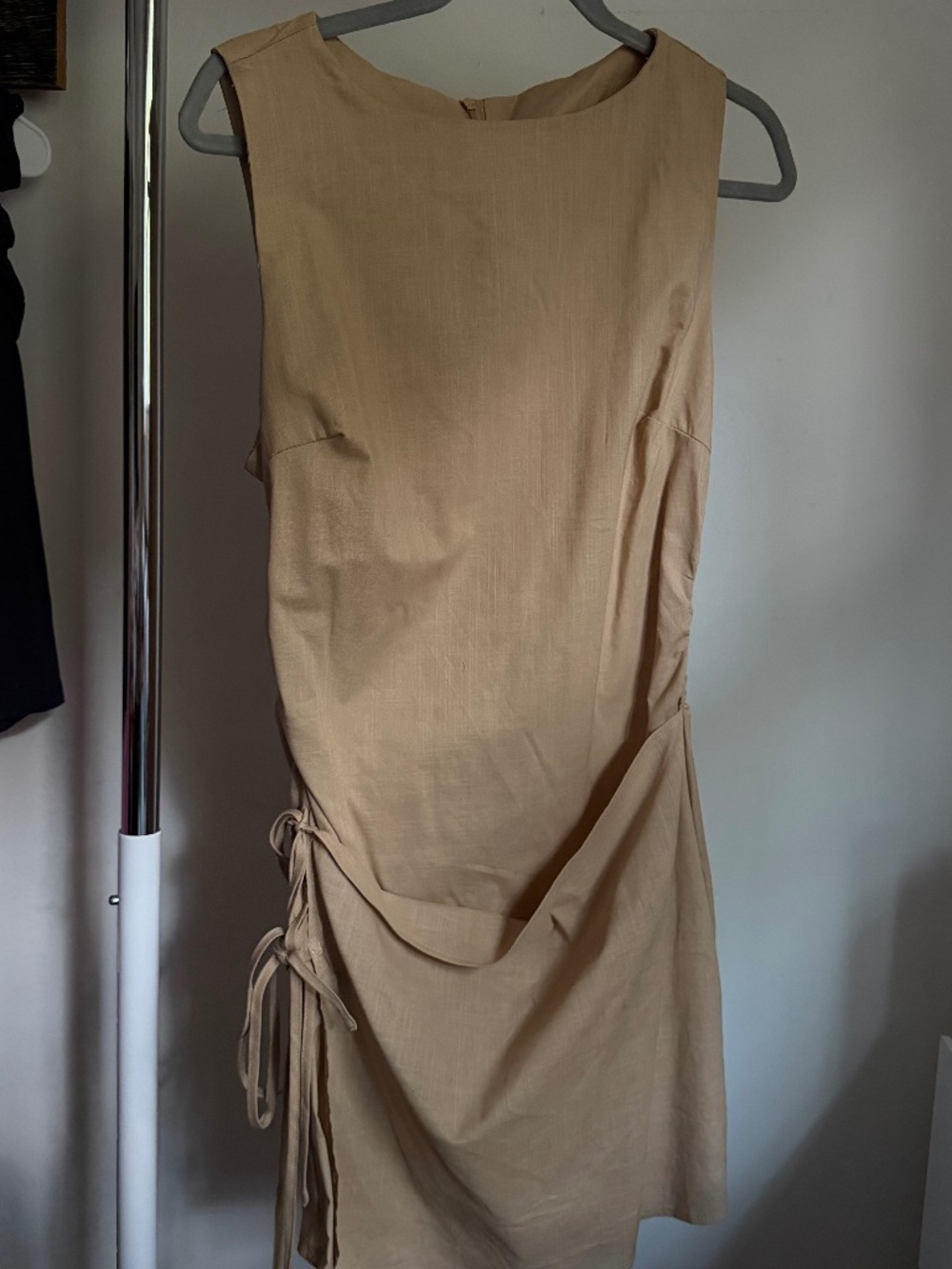 Beige Linen-Blend Side-Tie Wrap Midi Dress